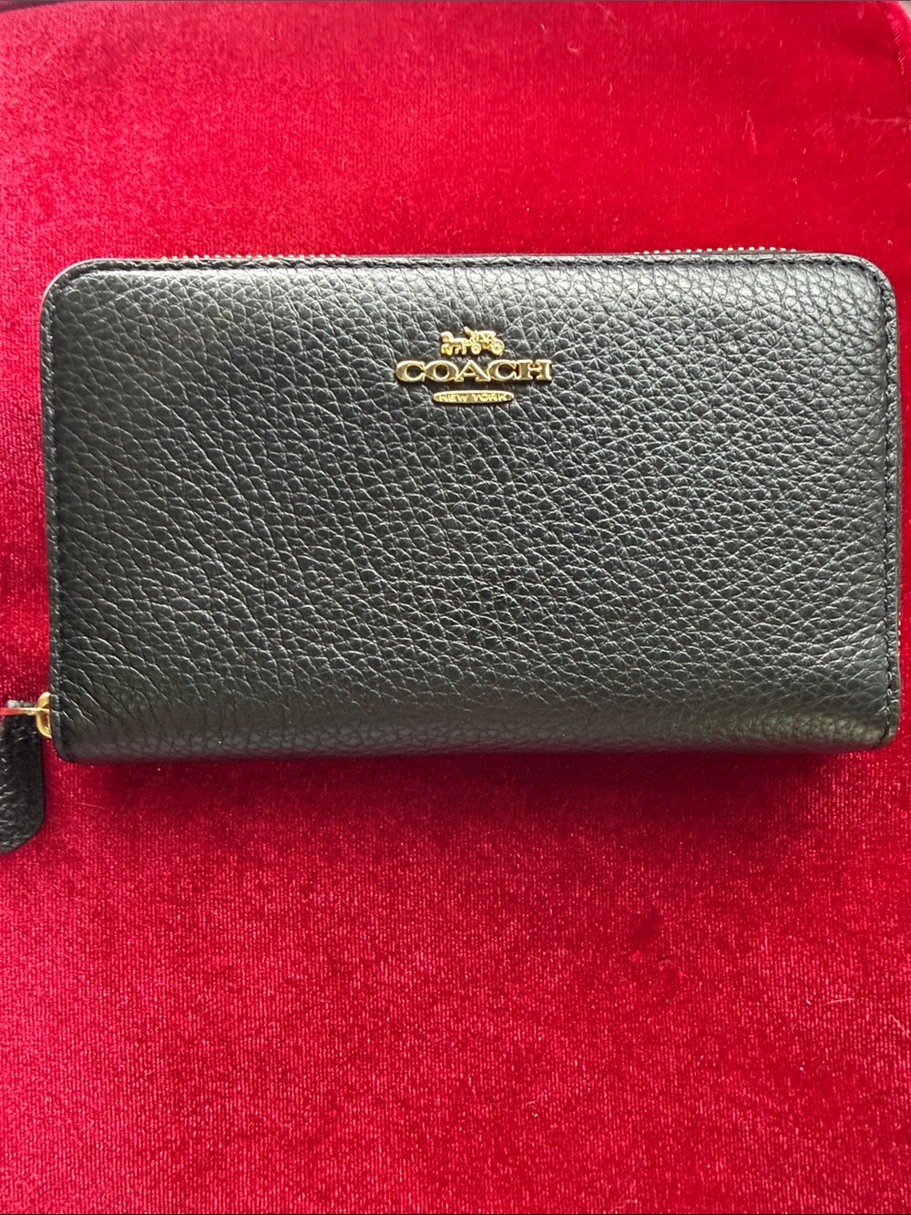 Coach Black Pebbled Leather Zip Wallet with Gold Logo